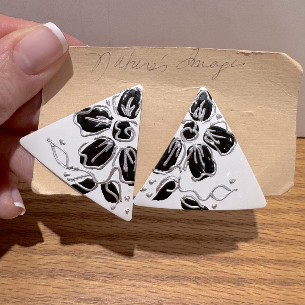 Vintage Handmade Black and White Floral Triangle Earrings